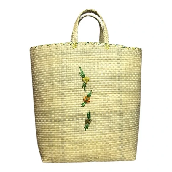 VINTAGE JAMAICA WOVEN STRAW AND FLORAL EMBROIDERED TOURIST TOTE - Picture 5 of 12
